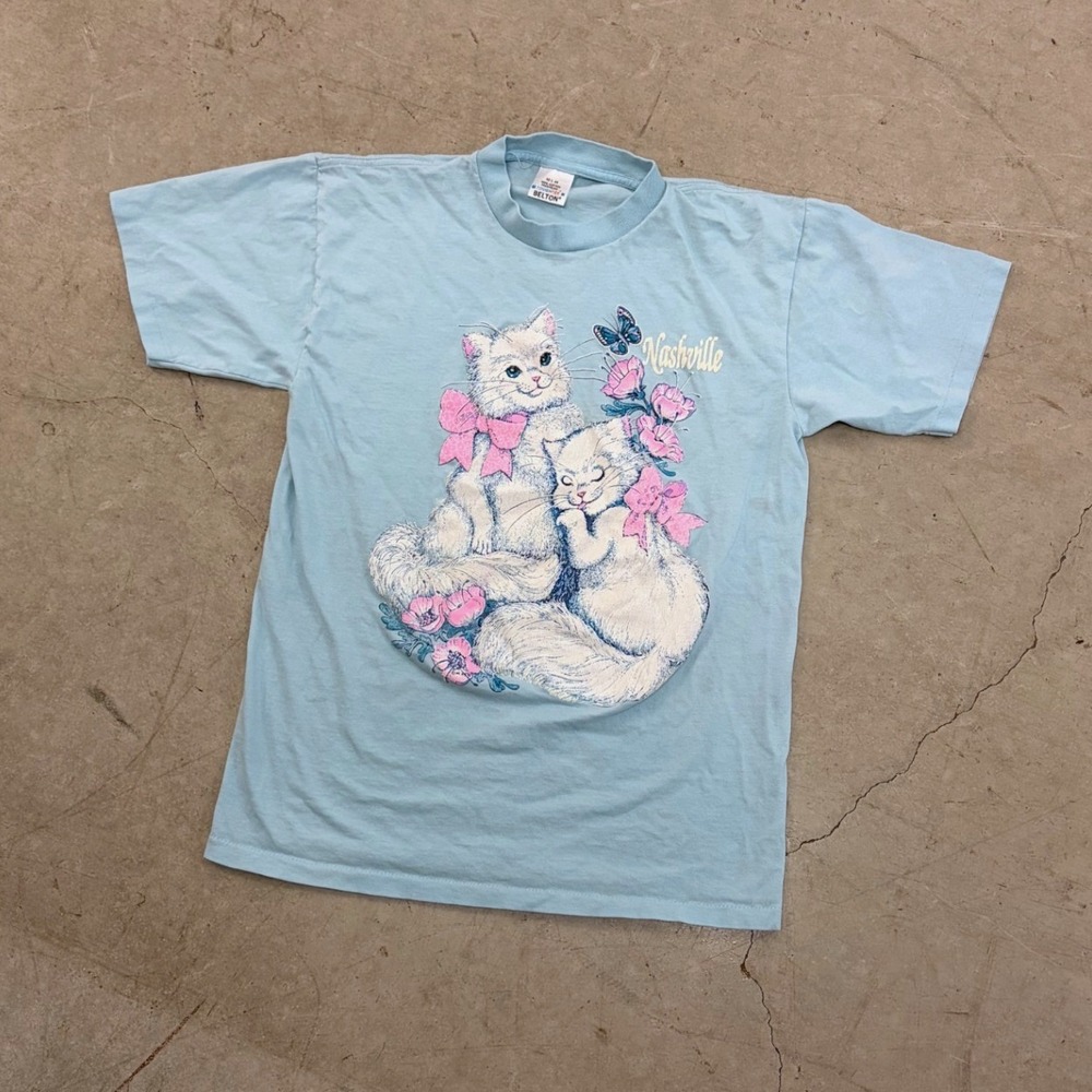Vintage Belton Tough Tee Nashville Cat Graphic T-Shirt Blue Made in USA Large